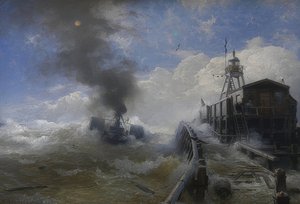 タグボートが満潮時にオステンド港を離れます。 1878 作： Andreas Achenbach