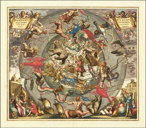 1708年の天球図 - Haemisphaerii Borealis Coeli et Terrae Sphaeri Cascenographia 作： アンドリュー・セラリウス