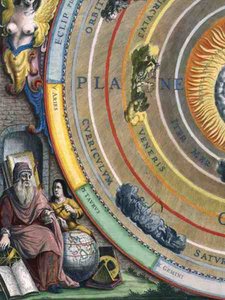 天文学者、惑星の地図の詳細、Joannes Janssoniusがアムステルダムで出版した「Atlas coelestis seu harmonia macrocosmica（天体の地図、宇宙の調和）」より 作： Andreas Cellarius