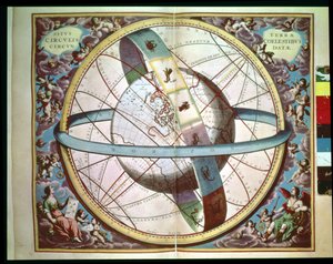 「The Celestial Atlas, or the Harmony of the Universe」 (Atlas coelestis seuharmonia macrocosmica) アムステルダム、c.1660 の「Situs Terrae Circulis Coelestibus Circumnate」の周囲の黄道帯を含む世界地図 作： Andreas Cellarius