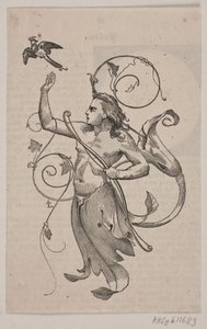 左手に弓を持ち、冠をかぶった鳥に向かって右手を上げた天才 作： Andreas Flinch