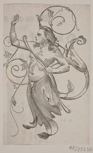 左手に弓を持ち、冠をかぶった鳥に向かって右手を上げた天才 作： Andreas Flinch