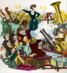オーケストラを指揮するヘクトル・ベルリオーズ（1803-1869）の風刺。アンドレアス・ガイガーによる風刺画