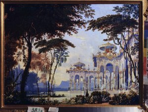 宮殿 - Mikhail Glinka (1804-1857) によるオペラ「Rouslan and Lyudmila」の準備装飾 - M Glinka によるオペラ Ruslan と Lyudmila の舞台デザイン - Andreas Leonhard Roller (1805-1891) の作品、紙に水彩とグワッシュ 作： Andreas Leonhard Roller