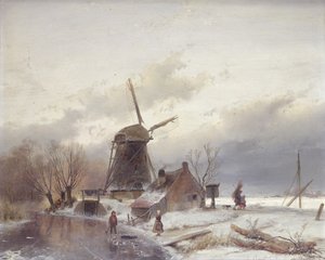 風車のある凍った川の風景（風車に油を塗る） 作： Andreas Schelfhout