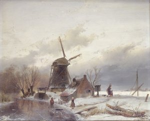 風車のある凍った川の風景 作： Andreas Schelfhout