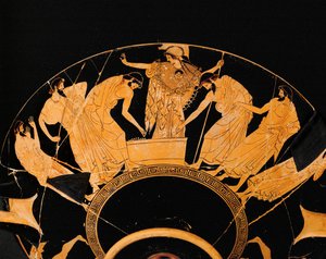 女神アテナの足元で、ギリシアの2人の戦士が、殺されたアキレスの武器と鎧のくじを引く...。 作： アンドレアス・シェルフハウト