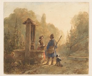 井戸で農夫の妻と話しているハンターの隣には犬がいる 作： Andreas Schelfhout