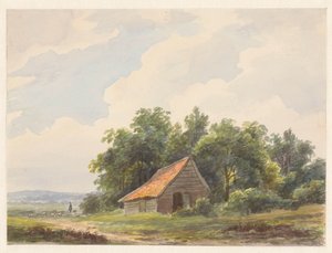 納屋のある風景と遠くに羊を連れた羊飼い 作： Andreas Schelfhout