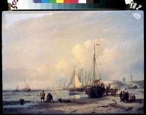 海の風景。 アンドレアス・シェルフハウト (1787-1870) の絵画。 キャンバスに油彩 作： Andreas Schelfhout