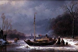 凍った川に浮かぶボートのそばにいる農民たち（油彩・キャンバス 作： Andreas Schelfhout