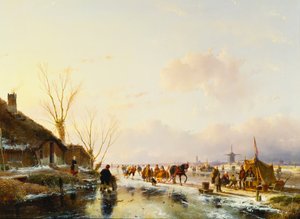 凍った川のブースでのスケーター、1850 作： Andreas Schelfhout