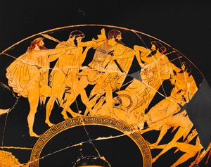 トロイアの英雄たちは、殺されたアキレスの武器と鎧を奪い合う...。 作： アンドレアス・シェルフハウト