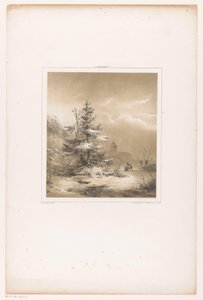 針葉樹とそりを持つ男の冬の風景 作： Andreas Schelfhout