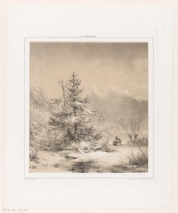 針葉樹とそりを持つ男の冬の風景 作： Andreas Schelfhout