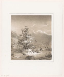 針葉樹とそりを持つ男の冬の風景 作： Andreas Schelfhout