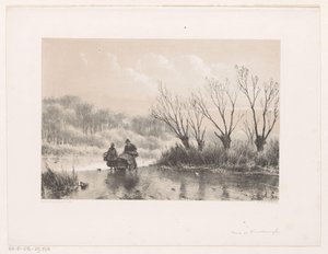 氷の上に 2 人の人物がいる冬の風景 作： Andreas Schelfhout