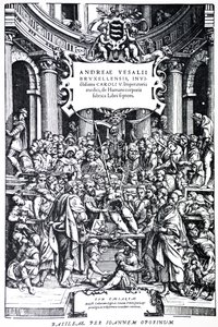 人体デバイスプレート3、1555の第2版のタイトルページ 作： Andreas Vesalius