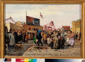 見本市会場は、トゥーラ (ロシア) の東部市場に立っています。 Andrei Andreyevich Popov（1832-1896）による絵画、キャンバスに油彩 作： Andrei Andreevich Popov