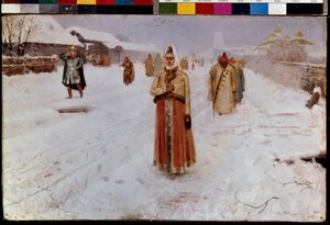 日曜（サンデー）。 冬、モスクワ大公国の雪道で、古いロシアの混乱した時代 (16 ～ 17 世紀) に、男性と女性が伝統的な衣装を着て教会から戻ってきました。 アンドレの絵 作： Andrei Petrovich Ryabushkin