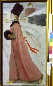 17世紀のモスクワ少女（17世紀のモスクワ少女）。 雪道を傲慢に歩くボヤール（boiard、boiar）貴族の肖像画。 Andrei Petrovich Ryabushkin (Riaboutchkine) (1861-1904) の作品、ボール紙に油彩 作： Andrei Petrovich Ryabushkin