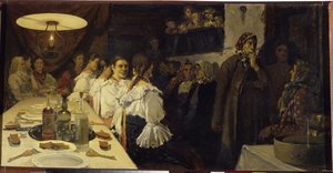ノヴゴロド州の教会から新郎新婦の帰りを待っています。 Andrei Petrovich Ryabushkin（Riabutchkin）（1861-1904）による絵画、キャンバスに油彩