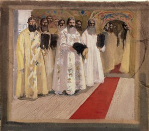 皇帝を待っています。 モスクワ公国のボヤール (boiards、boiars) は、非常に平和な皇帝 (1629-1676) として知られるロシアの皇帝アレクシス 1 世を迎えるのを待っています。 Andrei Petrovich Ryabushkin (Riaboutchkine) (1861-1904) の作品 作： Andrei Petrovich Ryabushkin