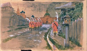 旧モスクワのイリンスキー門で街頭パトロール。 Andrei Petrovich Ryabushkin (Riaboutchkine) (1861-1904) の作品、紙に水彩