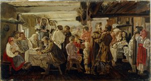 タンボフ地方 (ロシア) での農民の結婚式。 （タンボフ地方の農民の結婚式）。 Andrei Petrovich Ryabushkin (Riaboutchkine) (1861-1904) による絵画、キャンバスに油彩、1880 年頃。19 世紀のロシアの芸術。 国立トレチャコフ美術館、モスクワ。 作： Andrei Petrovich Ryabushkin
