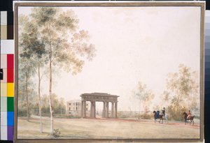 「ツァールスコエ・セローの公園への入り口」アンドレイ・エフィモヴィッチ・マルティノフ作（1768-1826）、1821年以降紙にグワッシュ、38.5x51.5、国立トレチャコフ美術館、モスクワ 作： Andrei Yefimovich Martynov