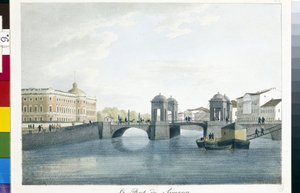 サンクトペテルブルクのシメオン橋の眺め。 （サンクトペテルブルクのシメオン橋）。 Andrei Yefimovich Martynov (1768-1826) によるリトグラフと水彩画 作： Andrei Yefimovich Martynov
