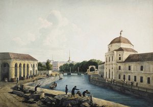 1809年、ロシア、サンクトペテルブルク、帝国の厩舎から見たモイカ川。 作： Andrej Martynoff