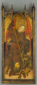 聖ミカエル、ドラゴンと戦う、1400年頃（パネル上のテンペラ） 作： Andres Marcal de Sas