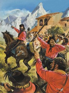 ギゼッペ・ガリバルディ（1807-82）とネオポリ王立軍との戦いにおける彼の軍隊（紙にグワッシュ） 作： アンドリュー・ハウワット