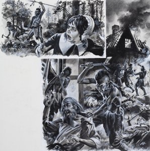 移民入植者に対するインディアンの攻撃（紙にグワッシュ） 作： アンドリュー・ハウワット