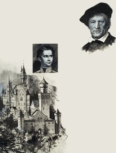 バイエルンのルートヴィヒ2世とノイシュヴァンシュタイン城（紙にガッシュ） 作： アンドリュー・ハウワット