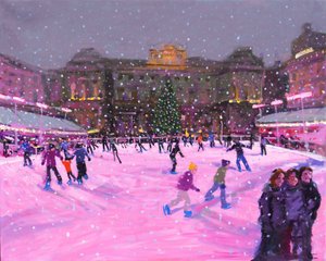 Christmas skating,Somerset House with pink lights,2014（油彩・キャンバス）(画像更新) 作： Andrew Macara