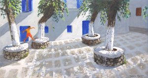 フォーツリー、ミコノスタウン、2022年（キャンバスに油彩） 作： Andrew Macara