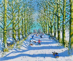 太陽と雪の中での楽しみ、ダービー、2022年（キャンバスに油彩） 作： Andrew Macara