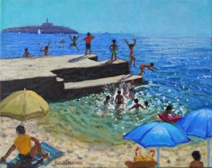 海に飛び込む、ロヴィニ、クロアチア、2024年（キャンバスに油彩） 作： Andrew Macara