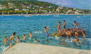 岩から飛び降りる。 チンクエテッレ、ポジターノ、イタリア、2000年（キャンバスに油彩） 作： Andrew Macara