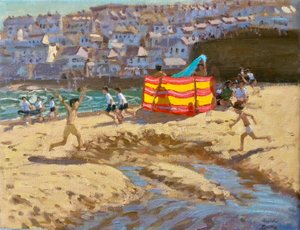 オレンジと黄色のウィンドブレーカー、セント・アイヴス.2010 14x18" 作： Andrew Macara
