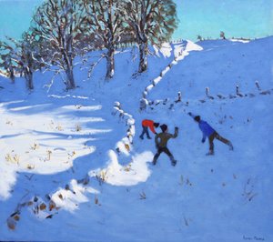 雪で遊ぶYoulgrave、Derbyshire、2016、（oil on canvas） 作： Andrew Macara