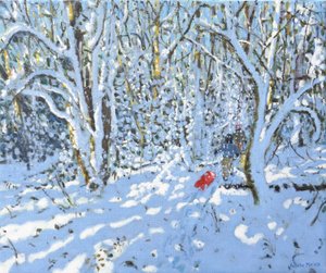 赤いそり、Allestree Park、ダービー、2022年（キャンバスに油彩） 作： Andrew Macara