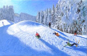 モルツィーヌでスキー、フランス、2023年（キャンバスに油彩） 作： Andrew Macara