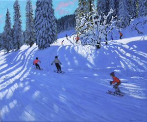 スノーボーダーとスキーヤー、モリジン、フランス、2022年（キャンバスに油彩） 作： Andrew Macara