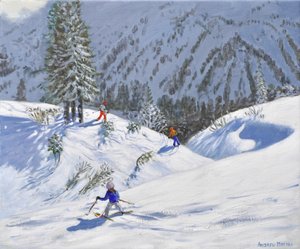 3人のスキーヤー、キッツビューエル、オーストリア、2024年（キャンバスに油彩） 作： Andrew Macara