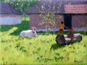 白い牛と2人の子供、マンコッタ島、ケララ州、インド 作： Andrew Macara