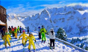 黄色、ヴァルガルデーナイタリアの若いスキーヤー。 作： Andrew Macara