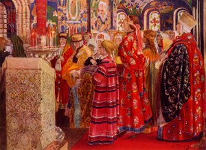 「教会の 17 世紀のロシア人女性」、1899 年、1965 年。 作： Andrey Ryabushkin